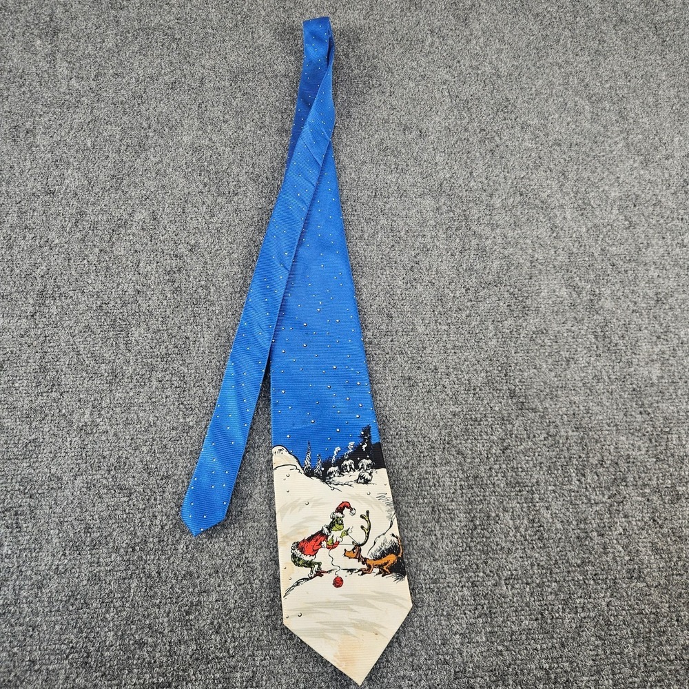 Dr Seuss Grinch Christmas Tie Blue Holiday Novelty Neck Tie Grinch & Max Snow Sc